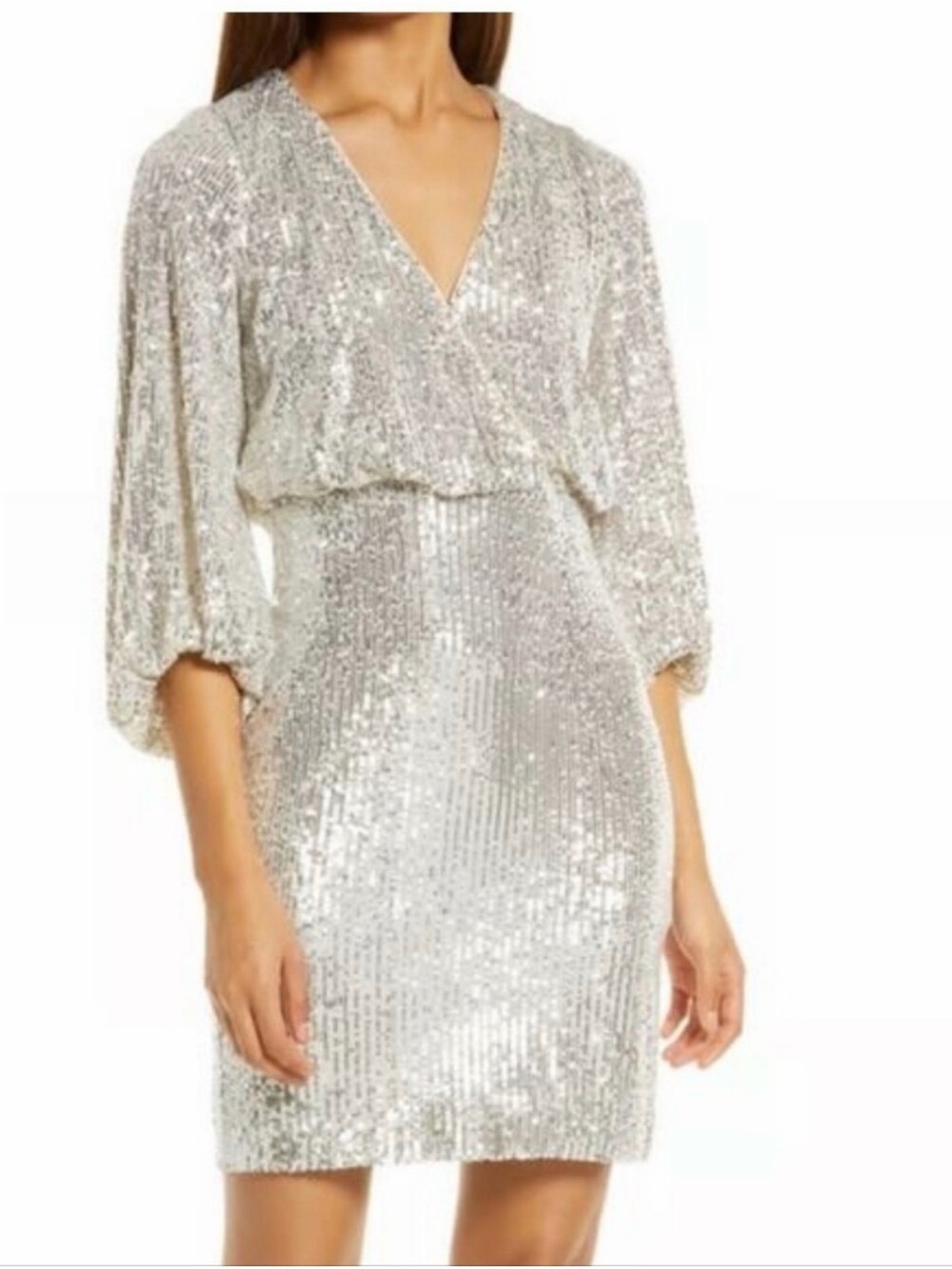 Eliza J beige and silver Sequin V-Neck Mini Dress longsleeve - Picture 5 of 15
